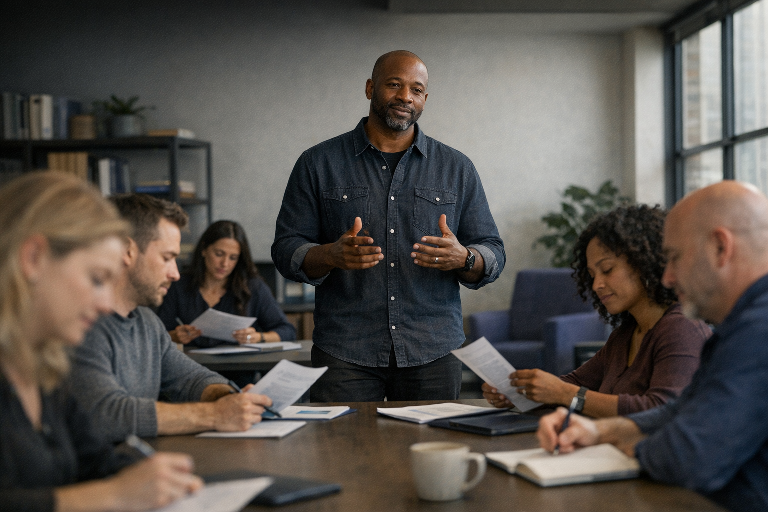 A modern professional workshop with a Black man speaking while attendees take notes.