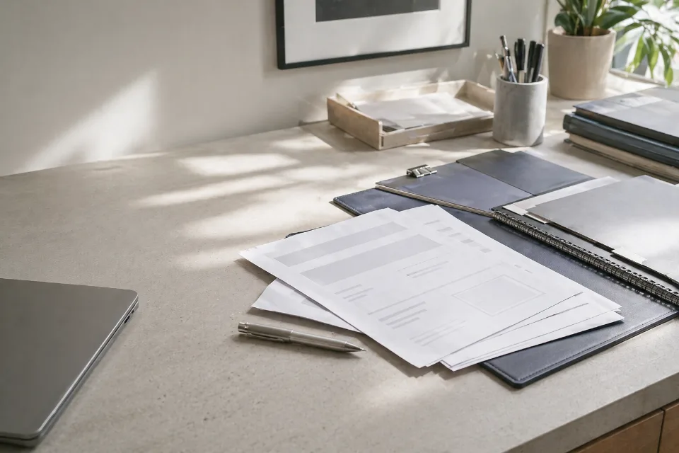Editorial workspace with resume review materials arranged for a focused service intake