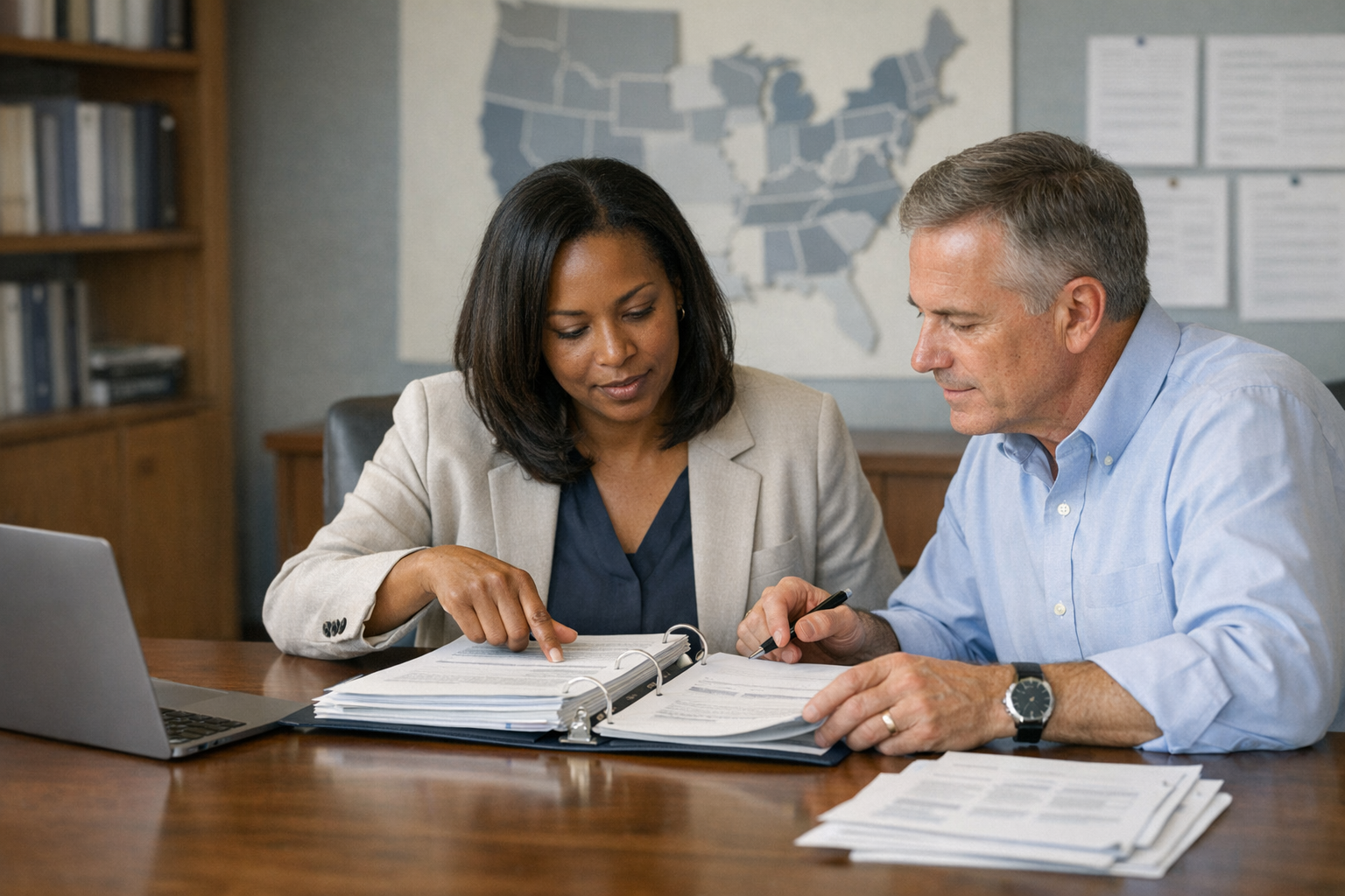 Program lead reviewing partner rollout materials and reporting in an institutional operations workspace.